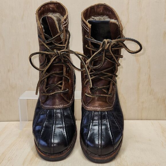 Frye Veronica Brown Black Duck Boots Leather Shearling Mid Calf Women 7.5 - Picture 3 of 11